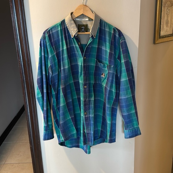 Blue and Green Casual Button Down Shirt - Picture 1 of 3
